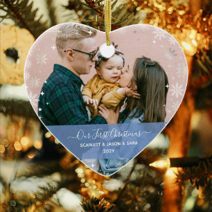 Modern First Christmas Together 2 Photos Heart Ceramic Ornament