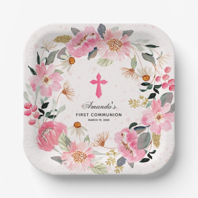 Modern First Communion Pink Floral Girl  Paper Plate (Front)
