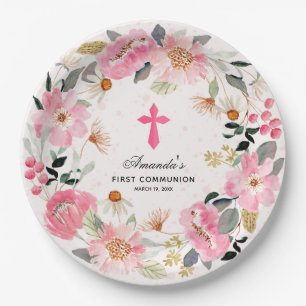 Modern First Communion Pink Floral Girl  Paper Plate