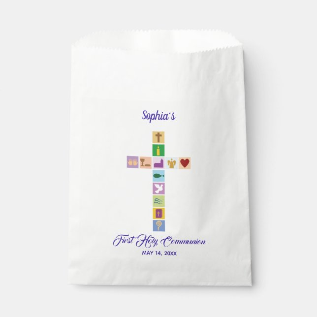 Modern First Holy Communion Colourful Cross Symbol Favour Bag (Front)