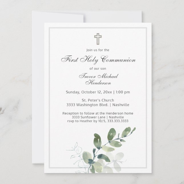 Modern First Holy Communion Eucalyptus Greenery Invitation (Front)