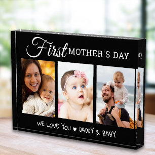 Modern First Mother's Day  3 Picture Collage Black Photo Block