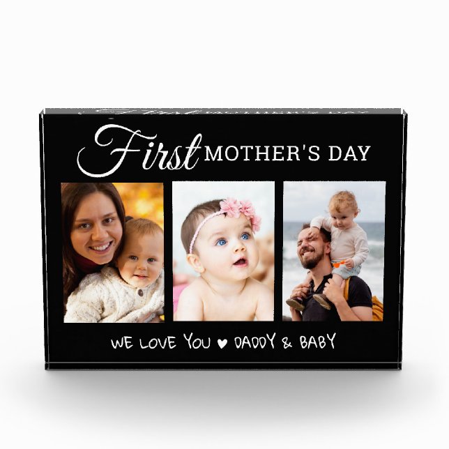 Modern First Mother's Day  3 Picture Collage Black Photo Block (Front)