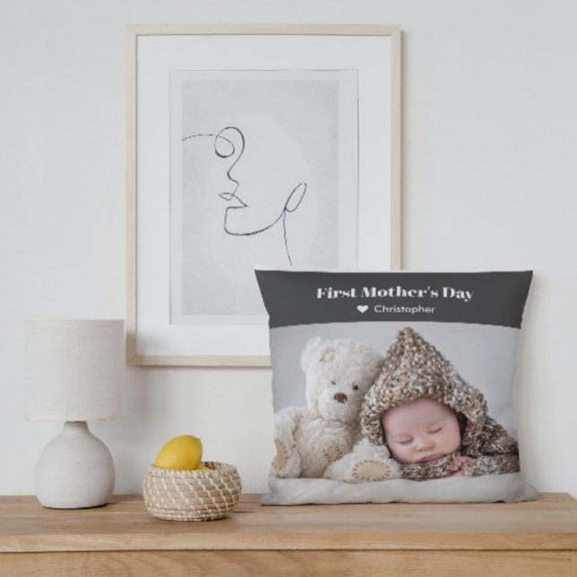 Modern First Mothers Day Photo Name Cushion (Creator Uploaded)