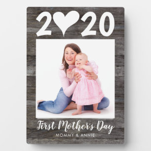 Modern First Mother's Day Simple Heart Wood Photo Plaque
