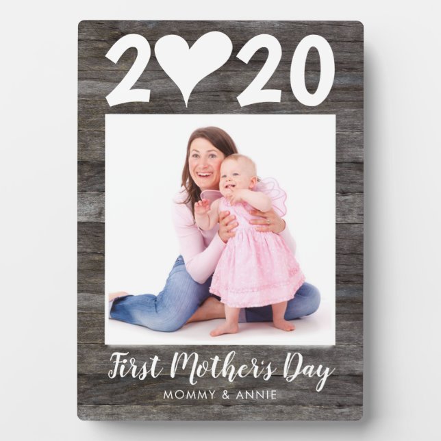 Modern First Mother's Day Simple Heart Wood Photo Plaque (Front)