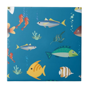 Modern Fish and Seahorse illustrated Pattern Blue Ceramic Tile