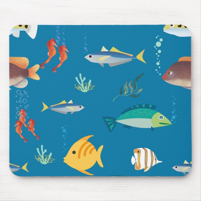 Modern Fish and Seahorse illustrated Pattern Blue Mouse Pad (Front)