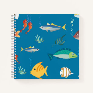 Modern Fish and Seahorse illustrated Pattern Blue Notebook