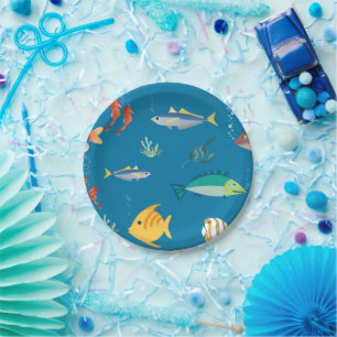 Modern Fish and Seahorse illustrated Pattern Blue Paper Plate