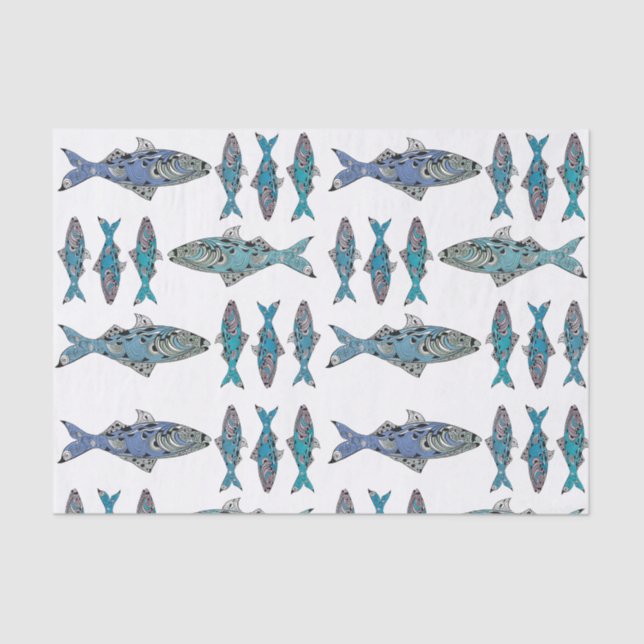 Modern fish blue green ornate decorative pattern tissue paper (Front)