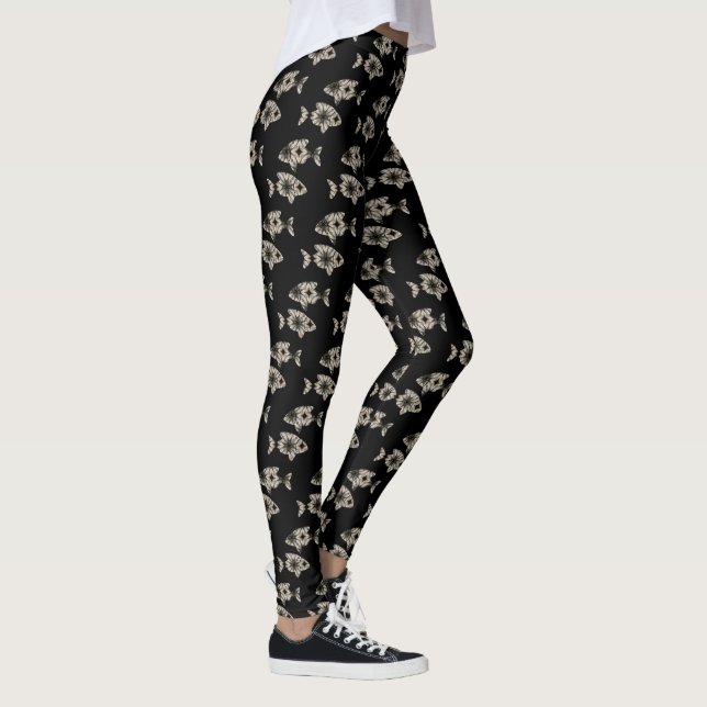Modern Fish Swimming Black Background Leggings (Right)