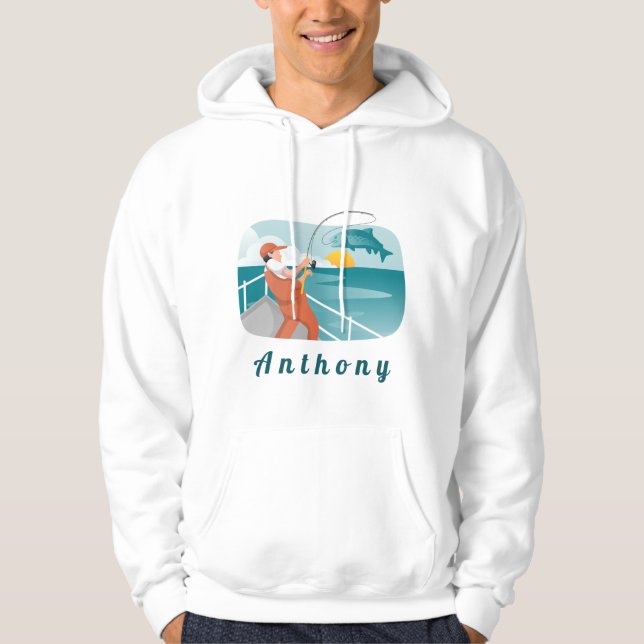 Modern Fisherman Illustration Fishing Fan Name Fun Hoodie (Front)