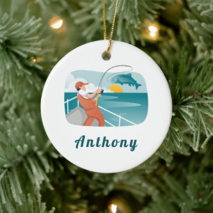 Modern Fisherman Illustration Fishing Lover's Name Ceramic Ornament
