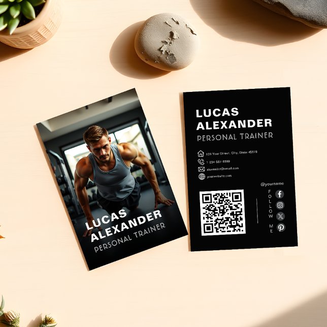 Modern Fitness Personal Trainer QR Code Photo Business Card (Creator Uploaded)