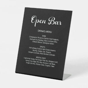 Modern Flair Script Minimal Open Bar Black Wedding Pedestal Sign