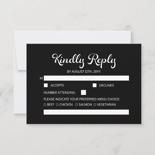 Modern Flair Script Minimalist Black Wedding RSVP Card (Front)