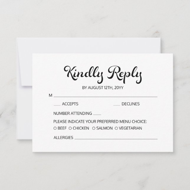 Modern Flair Script Minimalist White Wedding RSVP Card (Front)