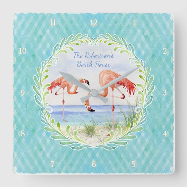 Modern Flamingo Beach Ocean Sand Shore Aqua Blue Square Wall Clock (Front)