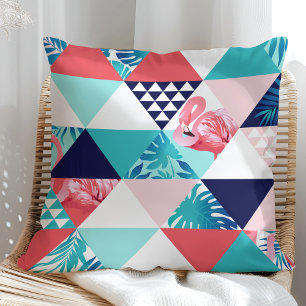 Modern Flamingo Geometric Pattern (Blue & Coral) Cushion