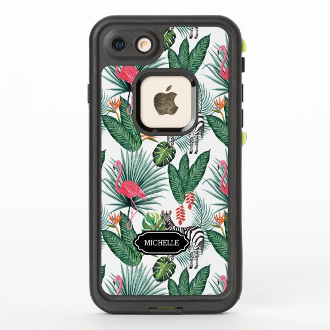 Modern flamingo zebra tropical leaf PERSONALIZED LifeProof iPhone Case (Back)