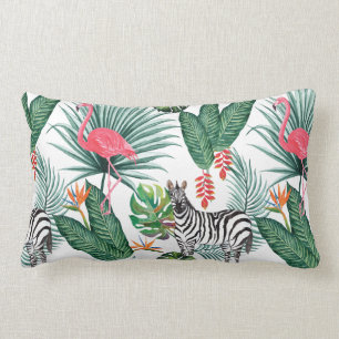 Modern flamingo zebra tropical leaf watercolor lumbar cushion