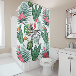 Modern flamingo zebra tropical leaf watercolor shower curtain