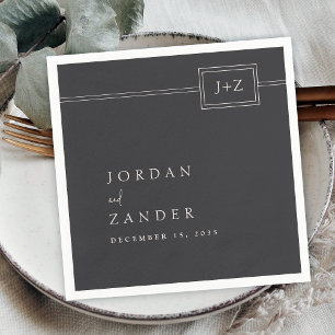 Modern Flat Black Minimalist Monogram Wedding Napkin
