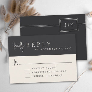 Modern Flat Black Minimalist Monogram Wedding RSVP Card