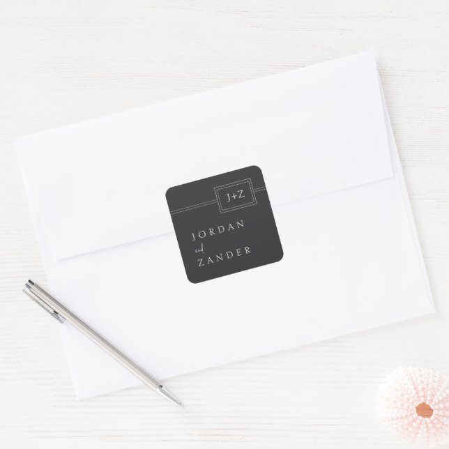 Modern Flat Black Minimalist Monogram Wedding Square Sticker (Envelope)