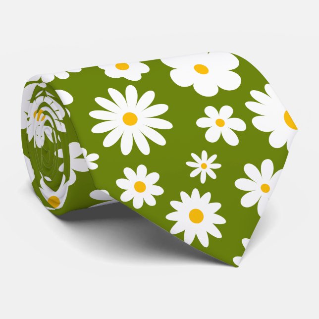 Modern Flat Graphic Daisy Green  Tie (Rolled)