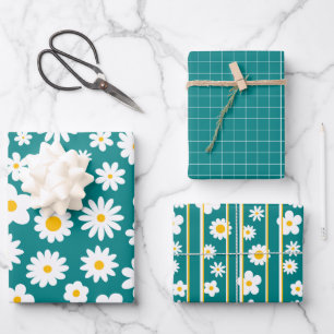 Modern Flat Graphic Daisy Teal Blue Any Occasion Wrapping Paper Sheet