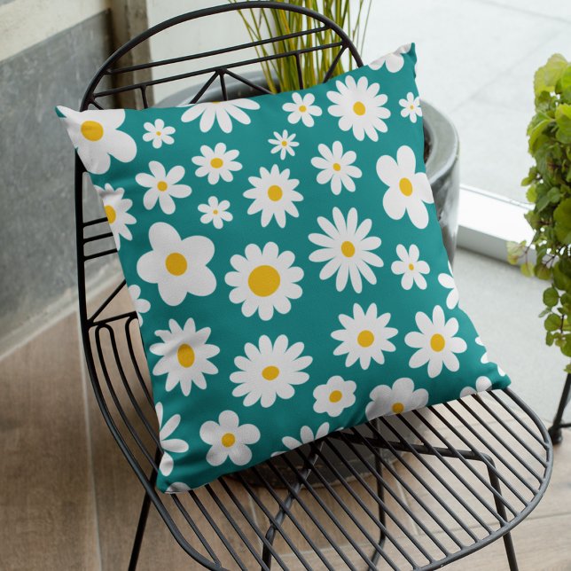 Modern Flat Graphic Daisy Teal Blue Cushion (Creator Uploaded)