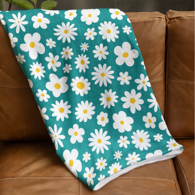 Modern Flat Graphic Daisy Teal Blue Fleece Blanket (Creator Uploaded)