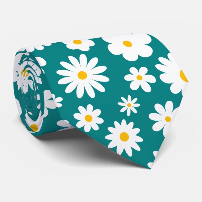 Modern Flat Graphic Daisy Teal Tie (Rolled)