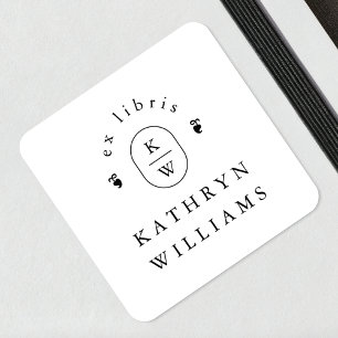 Modern Fleuron Monogram Ex Libris Bookplate Square Sticker