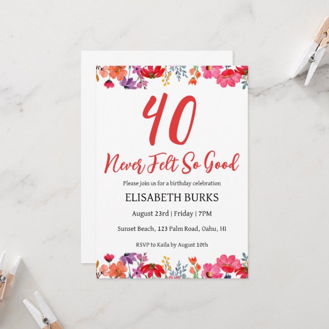 modern floral 40th birthday invitations (Front/Back In Situ)