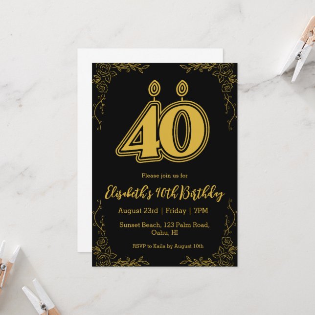 modern floral 40th birthday invitations (Front/Back In Situ)