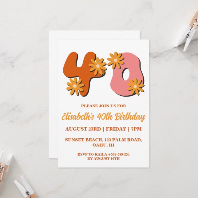 modern floral 40th birthday invitations (Front/Back In Situ)