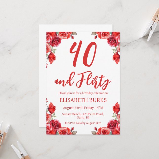 modern floral 40th birthday invitations (Front/Back In Situ)
