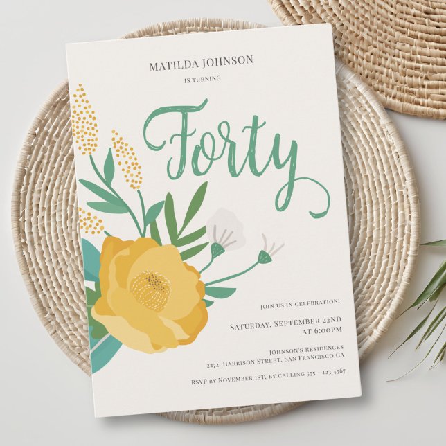 Modern Floral 40th Birthday Party Invitation (Modern Floral 40th Birthday Party Invitation)