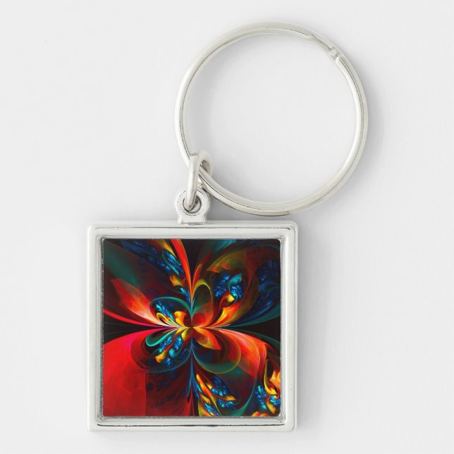 Modern Floral Abstract Art Orange Blue Pattern #14 Key Ring (Front)