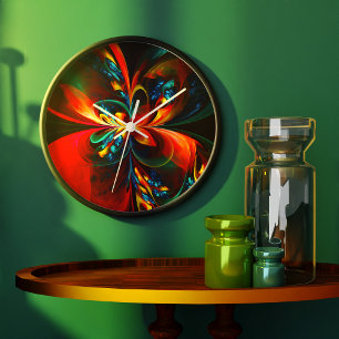 Modern Floral Abstract Art Orange Blue Pattern #14 Large Clock