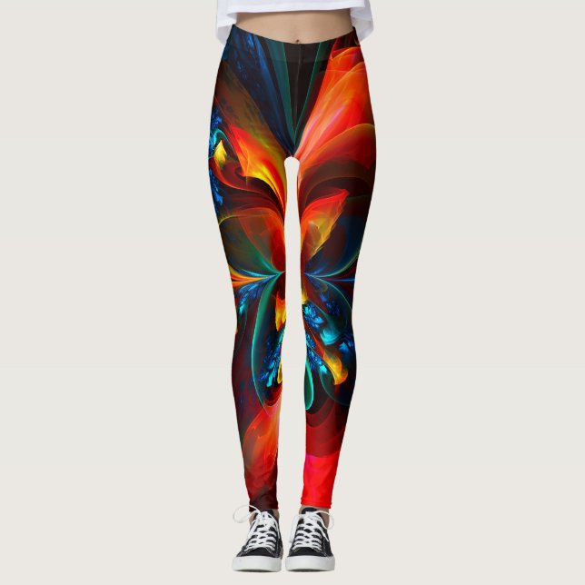 Modern Floral Abstract Art Orange Blue Pattern #14 Leggings (Front)