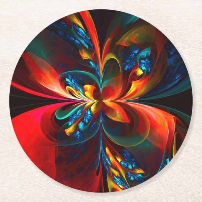 Modern Floral Abstract Art Orange Blue Pattern #14 Round Paper Coaster (Front)