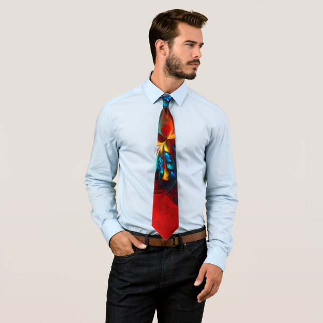 Modern Floral Abstract Art Orange Blue Pattern #14 Tie (In Situ)