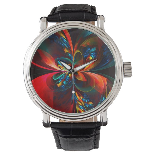 Modern Floral Abstract Art Orange Blue Pattern #14 Watch (Front)