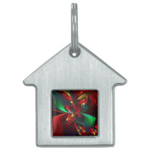 Modern Floral Abstract Art Red Green Pattern #11 Pet ID Tag