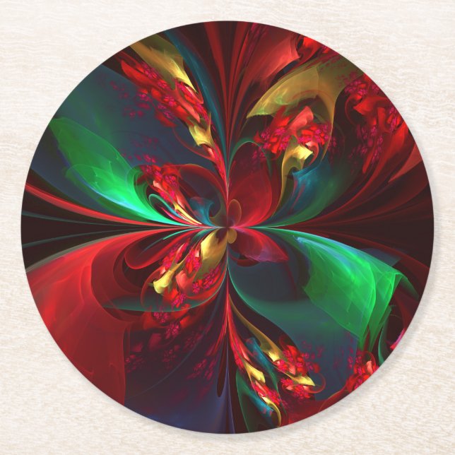 Modern Floral Abstract Art Red Green Pattern #11 Round Paper Coaster (Front)
