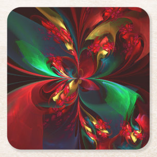 Modern Floral Abstract Art Red Green Pattern #11 Square Paper Coaster